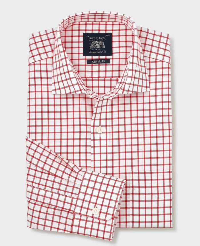 Men's Red Check Cotton Twill Classic Fit Formal Shirt With Single Cuffs folded shot