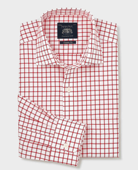 Men's Red Check Cotton Twill Classic Fit Formal Shirt With Single Cuffs folded shot