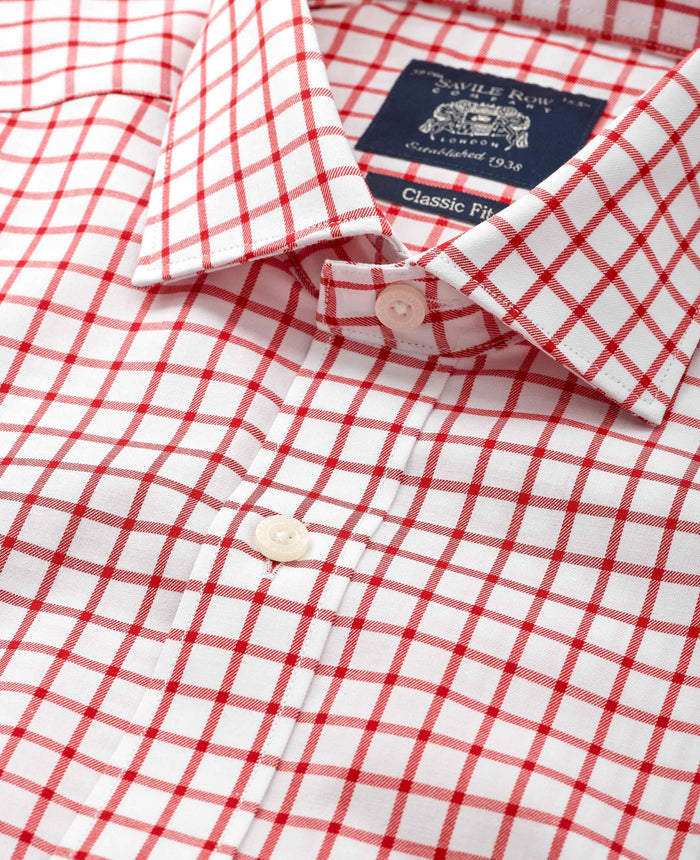 Men's Red Check Cotton Twill Classic Fit Formal Shirt With Single Cuffs collar detail