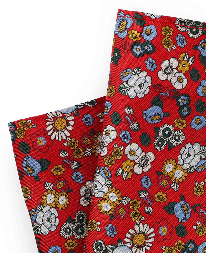 Men's Red Floral Print Silk Pocket Square pattern detail