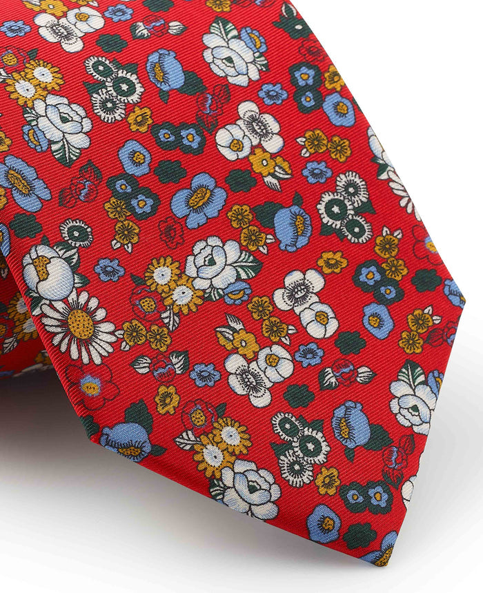 Men's Red Floral Print Silk Tie pattern detail