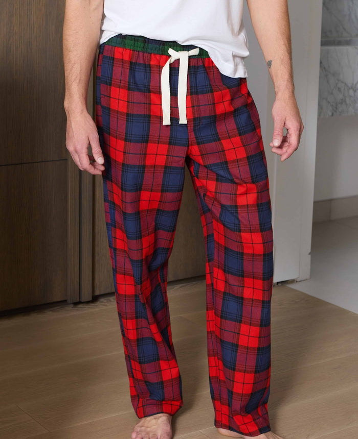 Men's Red Multi Brushed Cotton Twill Window Check Lounge Pants model shot