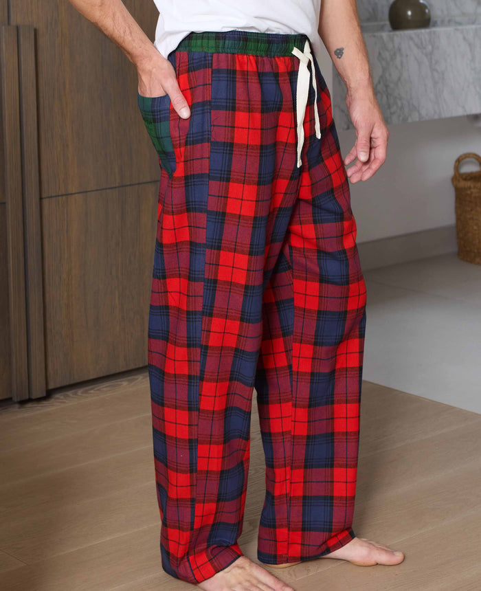 Men's Red Multi Brushed Cotton Twill Window Check Lounge Pants model shot
