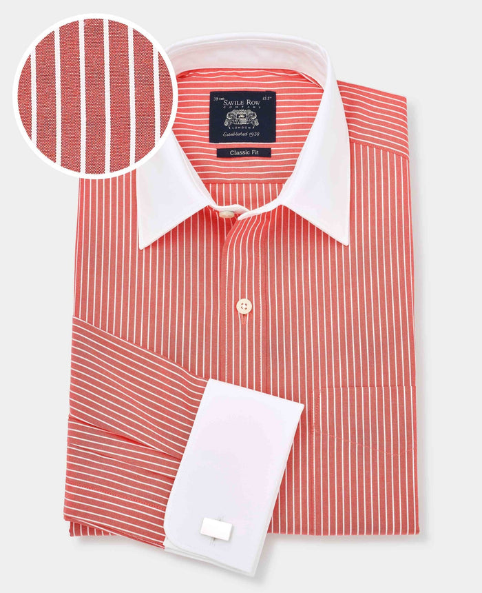 Men's Red White Cotton Stripe Classic Fit Formal Shirt with fabric swatch