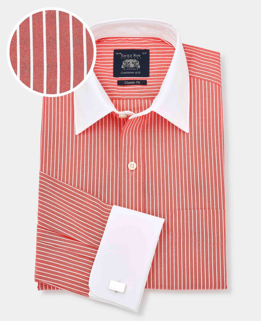 Men's Red White Cotton Stripe Classic Fit Formal Shirt with fabric swatch