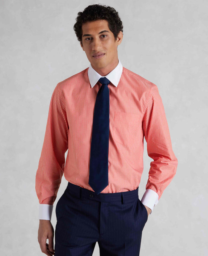Red White Poplin Stripe Classic Fit Formal Shirt - Double Cuff
