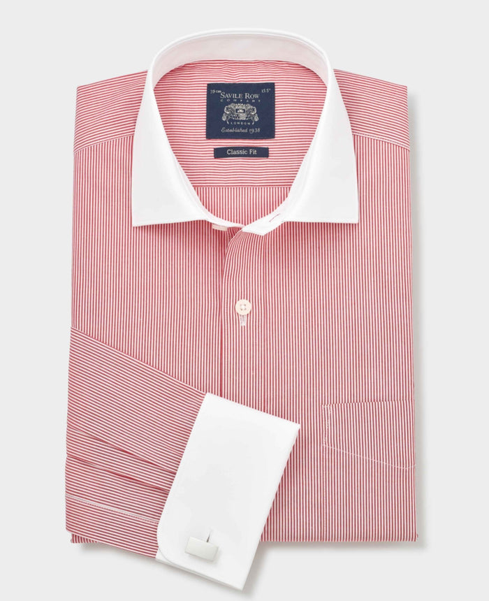 Men's Red White Stripe Cotton Poplin Classic Fit Winchester Formal Shirt With Double Cuffs folded shot