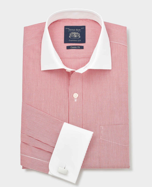 Men's Red White Stripe Cotton Poplin Classic Fit Winchester Formal Shirt With Double Cuffs folded shot