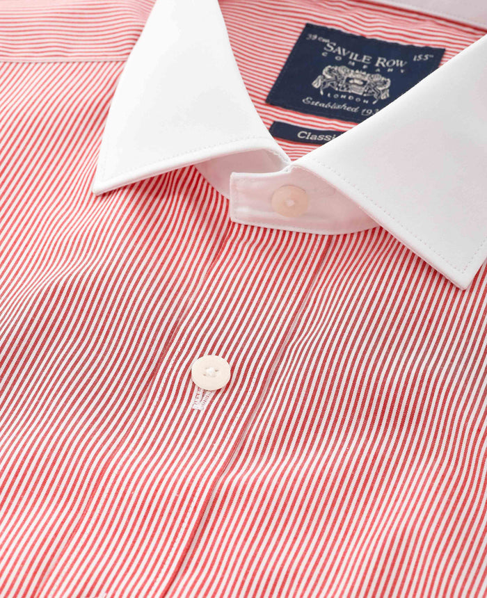 Men's Red White Stripe Cotton Poplin Classic Fit Winchester Formal Shirt With Double Cuffs collar detail