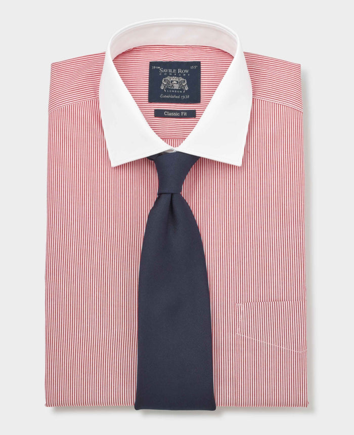Men's Red White Stripe Cotton Poplin Classic Fit Winchester Formal Shirt With Double Cuffs folded with tie