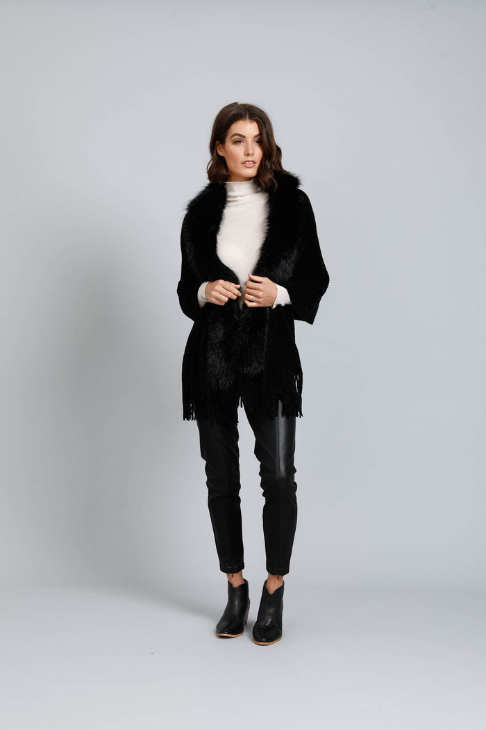 Women's faux fur trimmed wrap cardigan in black