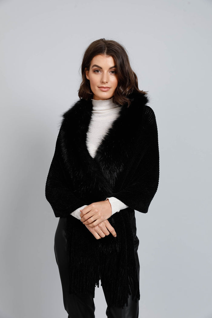 Women's black faux fur trim wrap cardigan | Holiday Life