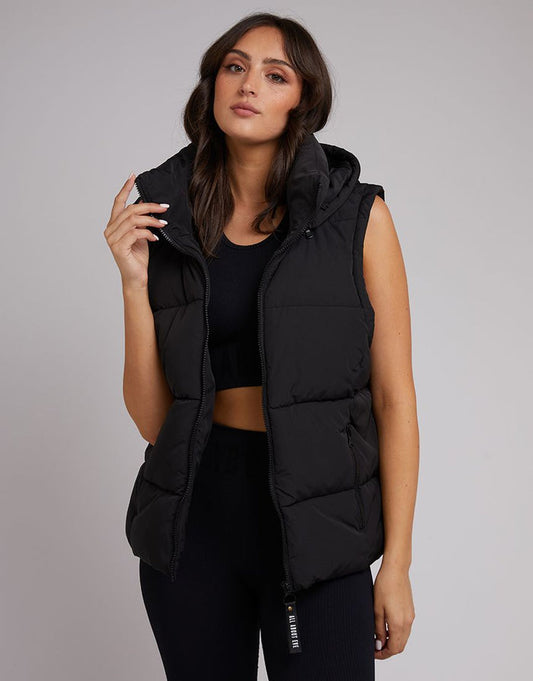 black oversized sleeveless puffer vest | All About Eve