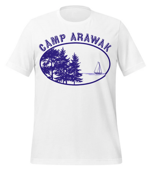 A retro, 80s style white t-shirt that says "Camp Arawak" in letters resembling wooden logs with an oval shaped graphic design featuring a sailboat on a lake surrounded by pine trees. In reference to the horror crime R-rated 1983 film "Sleepaway Camp" directed by Robert Hiltzik and starring Mike Kellin, Katherine Kamhi, Felissa Rose, and Jonathan Tiersten.