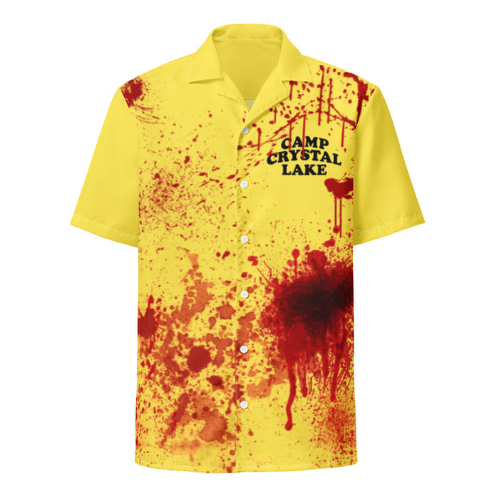 A yellow, retro 80s style button up collared shirt that says "Camp Crystal Lake" on the left side and is covered in blood stains, splotches, and drips, a perfect costume in reference to the classic horror film "Friday the 13th" in which camp counselors wear this uniform when they are murdered.