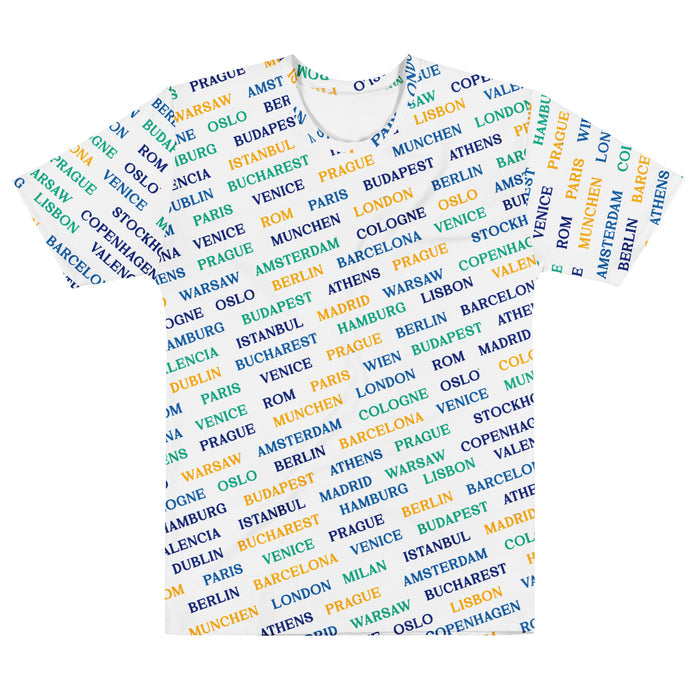 The front of a vintage, 70s style all over print crew neck t-shirt in the color white that lists, in multiple colors, various iconic cities in Europe with some of the most famous landmarks, popular destinations for backpackers, tourists, and travelers. Includes Amsterdam, Rom, Prague, Budapest, Athens, Warsaw, London, Berlin, Milan, Cologne, Munchen, Oslo, Venice, Bucharest, Copenhagen, Istanbul, Madrid, Lisbon, and Barcelona.