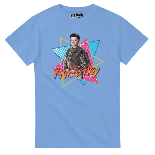 A vintage, blue colored t-shirt that says "Rick Astley" in orange letters on top of a young image of the English singer and songwriter against a background of three colorful, pattern filled triangles of blue, pink, and yellow. References Richard Paul Astley known for his 1987 world famous hit "never Gonna Give You Up", now connected with the internet phenomenon of rickrolling, as well as for songs "never Gonna Stop", "Together Forever", and "Take Me to Your Heart".
