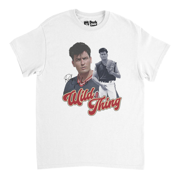 A vintage, 80s style souvenir t-shirt in the color white featuring two images of a baseball player, one closeup and one from afar with a glove on his hand, and the words "Wild Thing" in bold red letters under a thin outline of "Ricky Vaughn" and the number "99". References the character Rick "Wild Thing" Vaughn from the film franchise "Major League" played by actor Charlie Sheen.