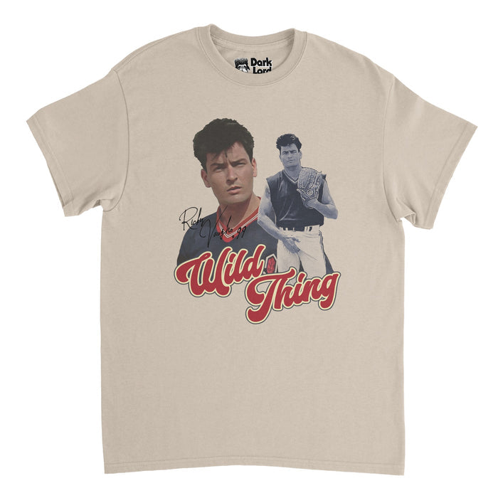 A retro, off white sand colored 80s style short sleeved t-shirt that says "Wild Thing" in red cursive letters below the name "Ricky Vaughn" and the number "99", a picture of a man in a blue and red jersey and a baseball player standing on the plate, a glove on his hand, his other covering his crotch, his stare intense and ready to play ball. References the movie "Major League" in which pitcher Rick Vaughn, portrayed by actor Charlie Sheen,  is also known by the nickname "Wild Thing".