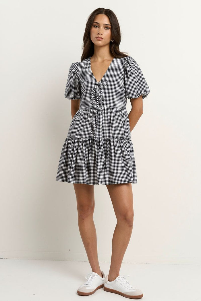Roam Puff Sleeve Tie Front Mini Dress in Navy Gingham