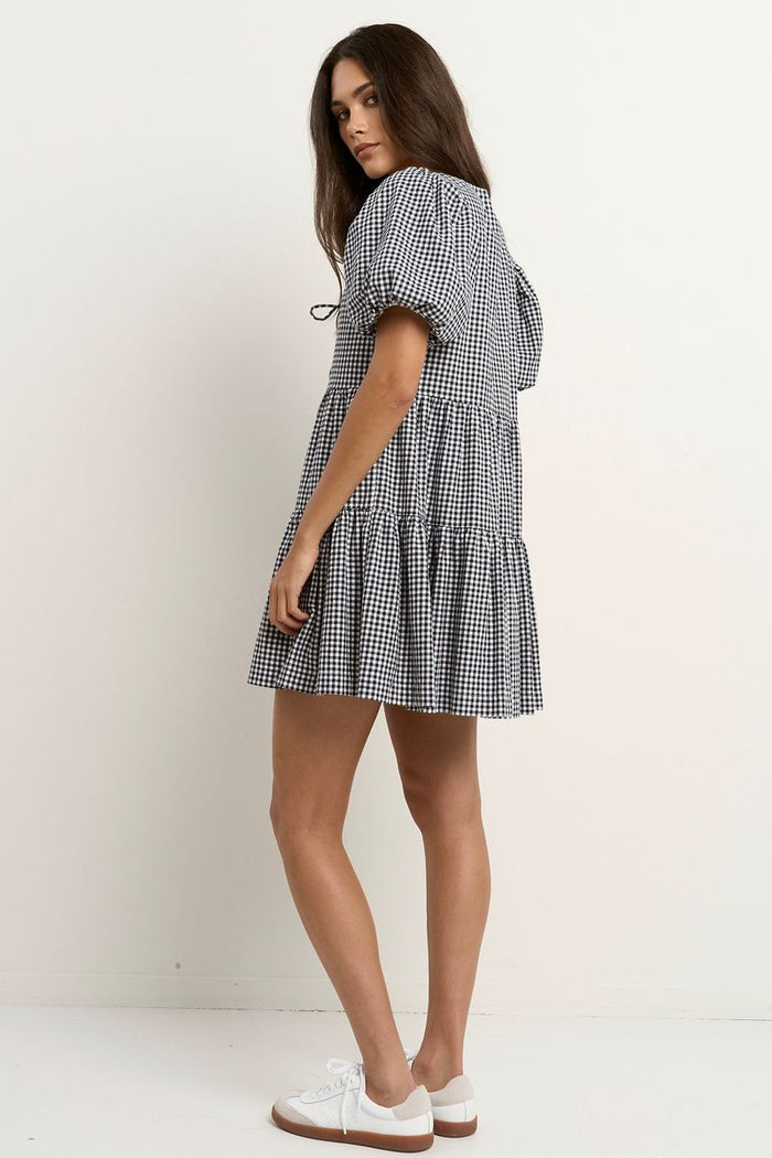 lightweight puff sleeve mini dress Navy Gingham