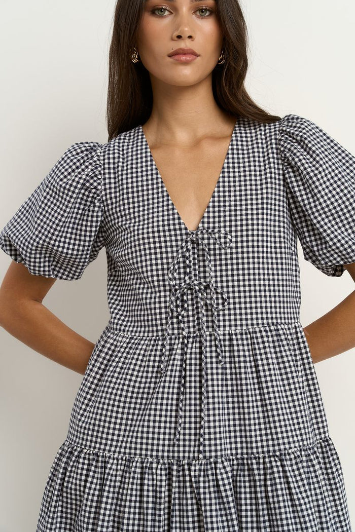 Navy Gingham puff sleeve mini dress | Ivy + Jack