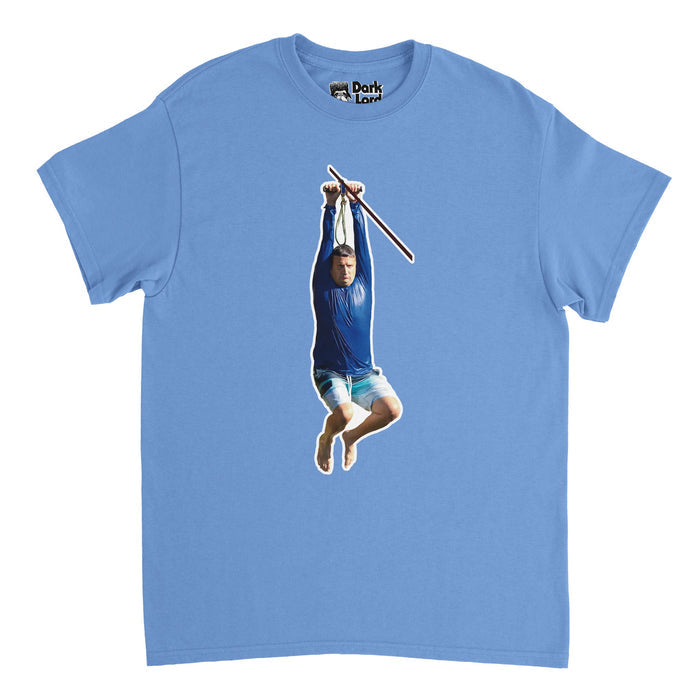 A vintage, light blue colored 80s style t-shirt with the image of a man - the character Ronnie played by Tim Robinson - in a blue long sleeve wet swim shirt and blue swim trunks holding onto a zip line. References an internet meme from the  episode "Summer Loving Farewell" from comedic streaming show "I Think You Should Leave" in which character Megan, played by Jessica Parker Kennedy, tells Ronnie "I feel like you're just here for the zipline".