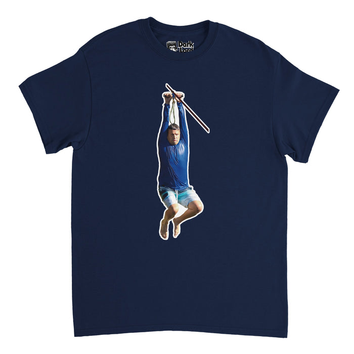 A retro, dark navy blue colored souvenir t-shirt with the image of a man in a bright blue long sleeve soaking wet swim shirt and blue striped swim trunks hanging off a zip line, a famous internet meme. References the hilarious, absurd streaming show "I Think You Should Leave" and episode "Summer Loving Farewell" where Tim Robinson plays Ronnie, a contestant on a Bachelorette like reality TV show and is told by Megan, played by Jessica Parker Kennedy who says "I feel like you're just here for the