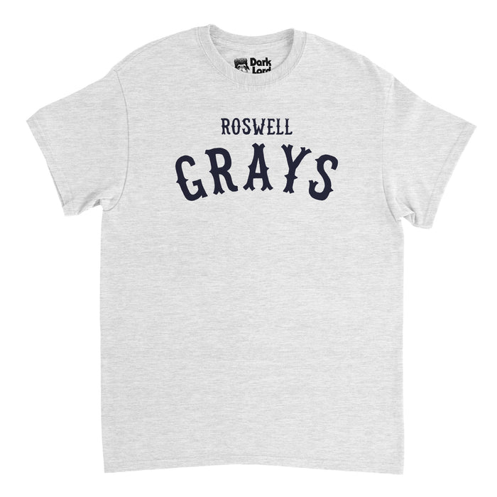 A retro, heather gray 70s style t-shirt that says 'Roswell Grays' referencing the extraterrestrial species, also known as Zeta Reticulans, Roswell Aliens, Grays, and Zetans. References the 1961 abduction of Barney and Betty Hill as well as the 1947 Roswell UFO incident and are often widely discussed in science fiction as intelligent aliens.