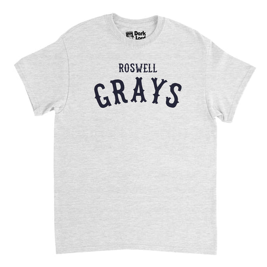 A retro, heather gray 70s style t-shirt that says 'Roswell Grays' referencing the extraterrestrial species, also known as Zeta Reticulans, Roswell Aliens, Grays, and Zetans. References the 1961 abduction of Barney and Betty Hill as well as the 1947 Roswell UFO incident and are often widely discussed in science fiction as intelligent aliens.