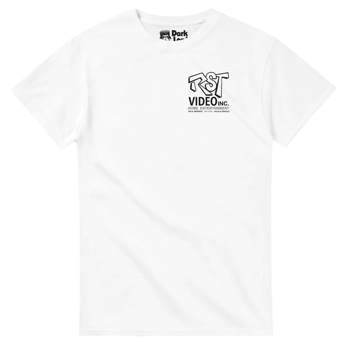 A retro, white colored souvenir t-shirt that says "RST VIDEO INC, Home Entertainment, VHS & Nintendo, 291-5354, Sales & Rentals" including the RST logo. References the video rental shop in Leonardo, NJ next to the Quick Stop Groceries, featured in the 1994 comedic indie film "Clerks" directed by Kevin Smith, starring Jeff Anderson, Brian O'Halloran, Marilyn Ghigliotti, and Jeff Anderson.