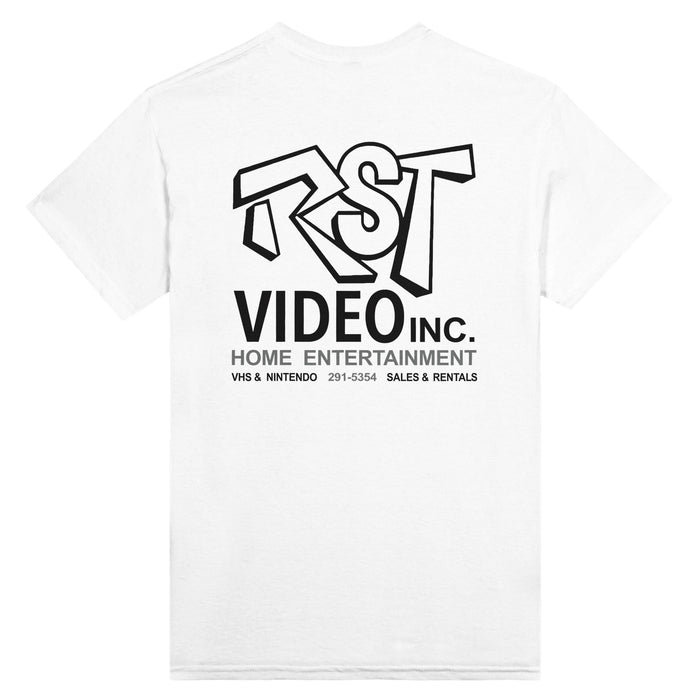 A retro, short sleeved white colored t-shirt that says "RST Video Inc. Home Entertainment, VHS & Nintendo, 291-5354, Sales & Rentals" in reference to the store in Leonardo, NJ as seen in the 1994 comedy indie film "Clerks", written and directed by Kevin Smith, starring Jason Mewes, Jeff Anderson, Marilyn Ghigliotti, and Brian O'Halloran.