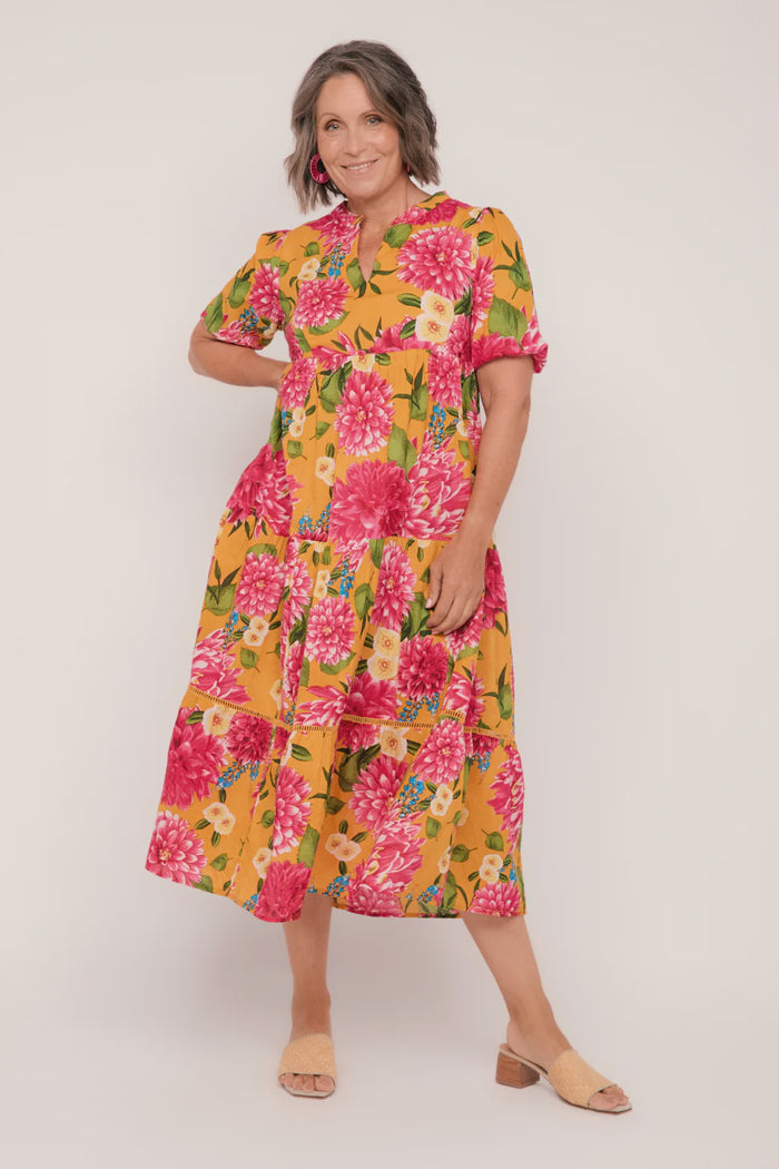 Adrift Sabre V-Neck Dress in Dreaming Dahlias | Yellow Floral Maxi Smock Dress with Pink Dahlia Print | Women's Clothing Australia