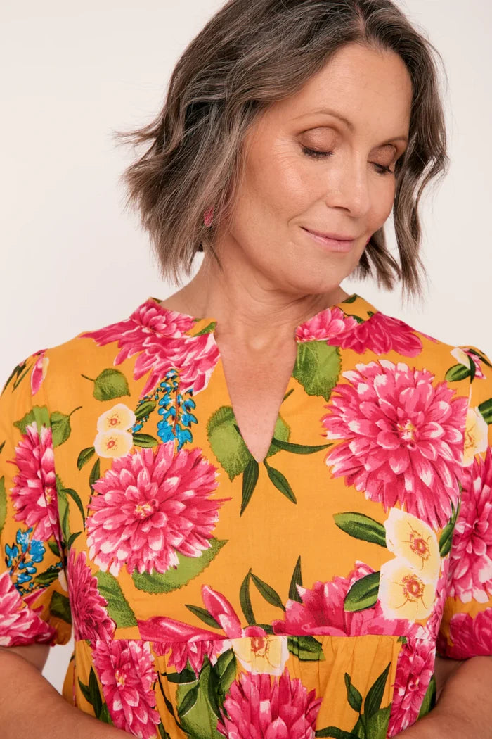 Adrift Sabre V-Neck Dress | Yellow Floral Maxi Dress with Tiered Skirt and Short Sleeves | Women's Online Clothing Store Australia