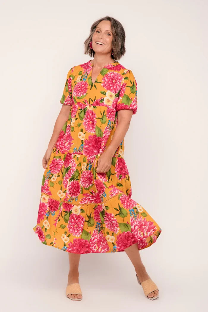 Floral V-Neck Maxi Dress | Yellow Floral Tiered Maxi Dress with Relaxed Fit | Women's Clothing Boutique Roma QLD