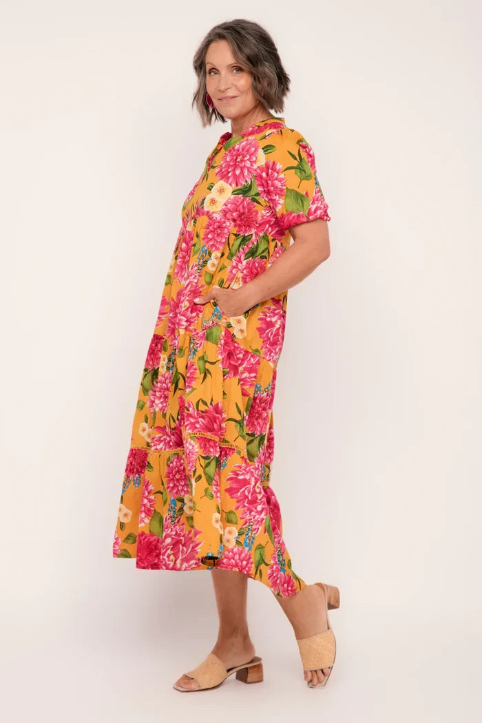 Adrift Sabre V-Neck Dress | Yellow Cotton Maxi Dress with Pink Floral Print | Gretel Lane