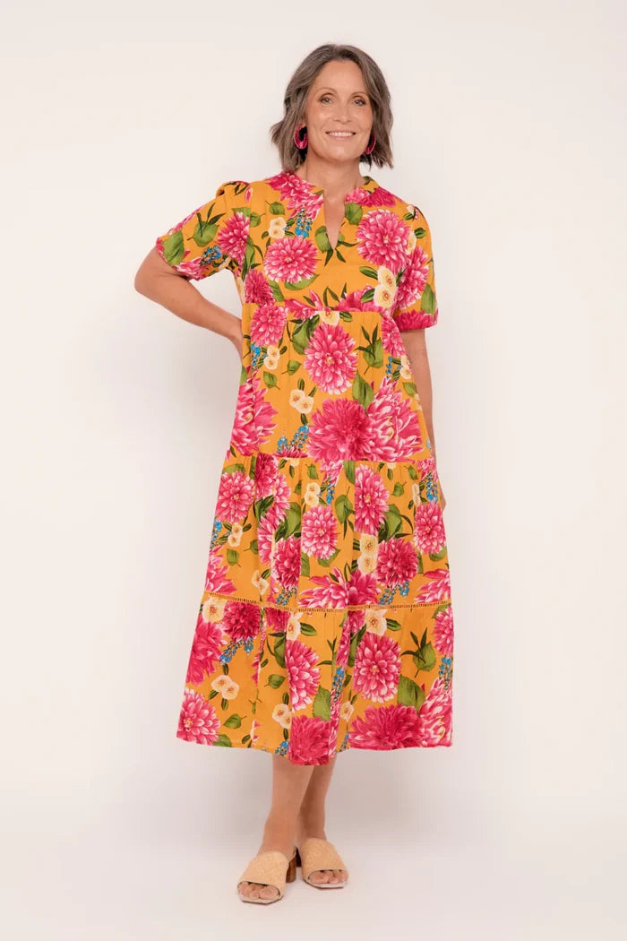 Adrift Sabre V-Neck Dress | Yellow Maxi Dress with Bold Pink Dahlia Print | Australian Women's Clothing