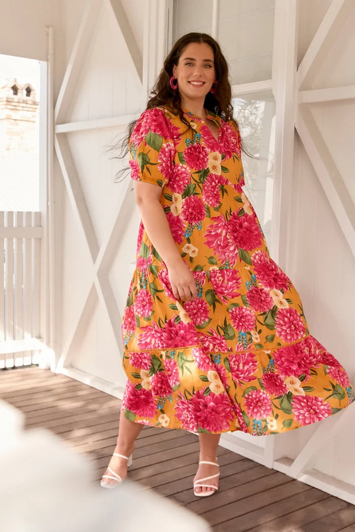 Adrift Sabre V-Neck Dress | Floral Cotton Maxi Dress with Mandarin Collar and V-Neck | Women's Fashion Australia