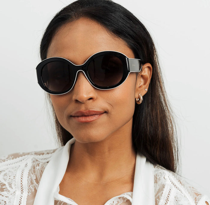 Locello Sabrina Round Polarised Sunglasses Black/Off White | Women's Sunglasses | Gretel Lane