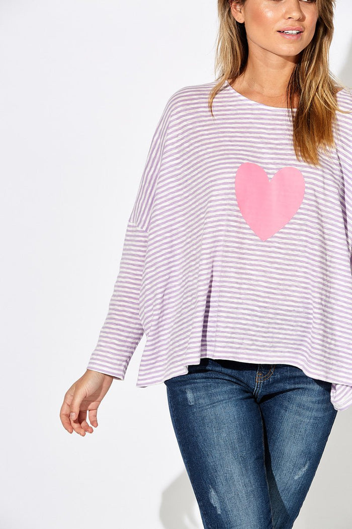 long sleeve heart print striped top - lilac  | Haven|