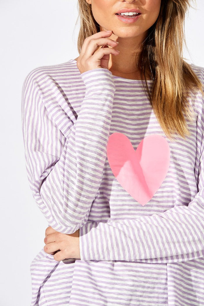 large pink heart graphic striped long sleeve top