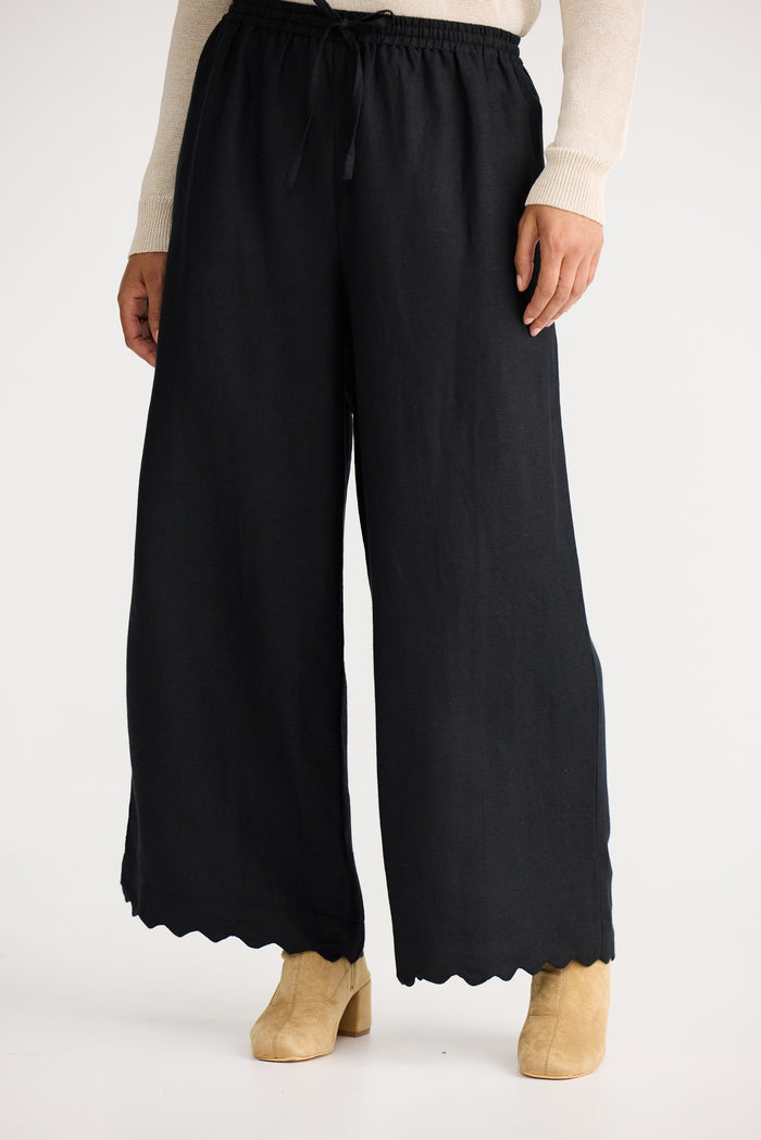 The Shanty Corporation Sardinia Scalloped Linen Pant in Black | Women's Clothing | Gretel Lane