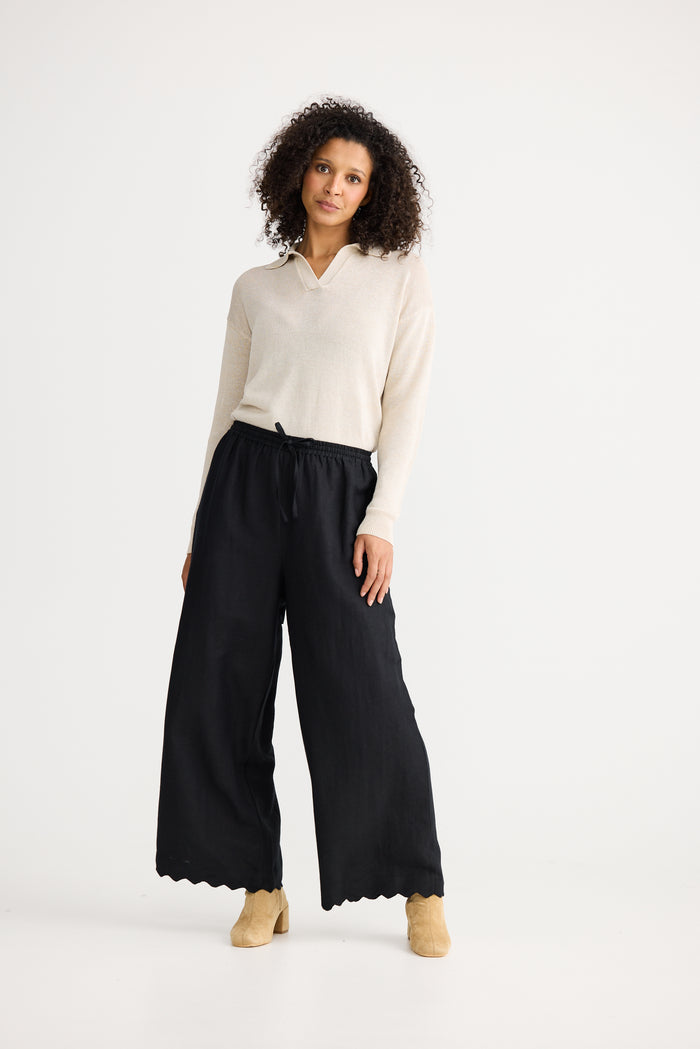 The Shanty Corporation Sardinia Scalloped Linen Pant in Black | Women's Clothing | Gretel Lane