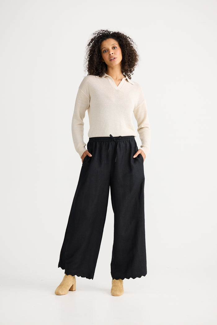 The Shanty Corporation Sardinia Scalloped Linen Pant in Black | Women's Clothing | Gretel Lane