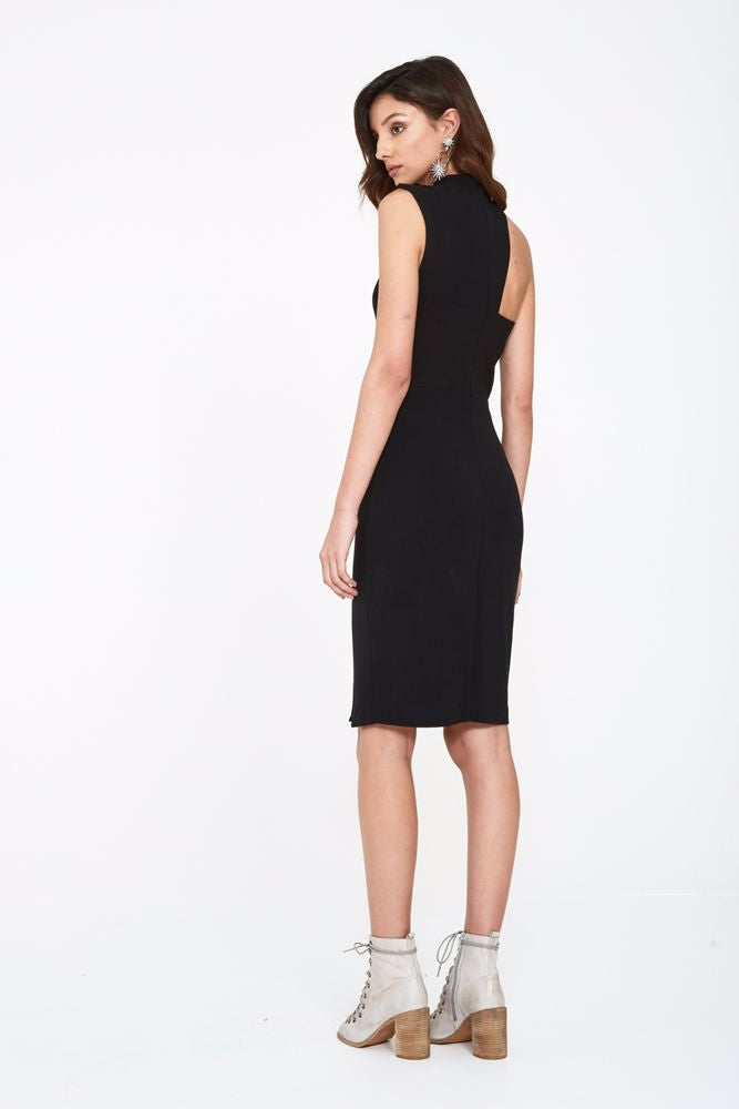 black bodycon midi dress with one-shoulder cut-out