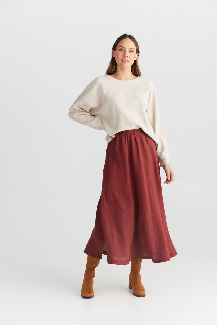 100% linen maxi skirt in wine bias cut skirt ankle length