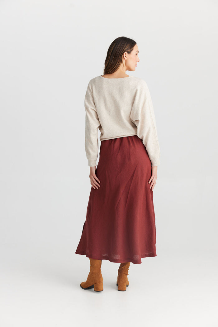 Humidity Lifestyle 100% linen maxi skirt in wine | The Shanty Corporation