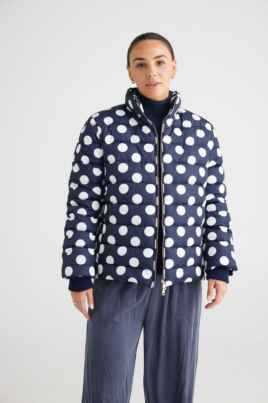 thick puffer jacket in a Navy Spot print | Brave + True