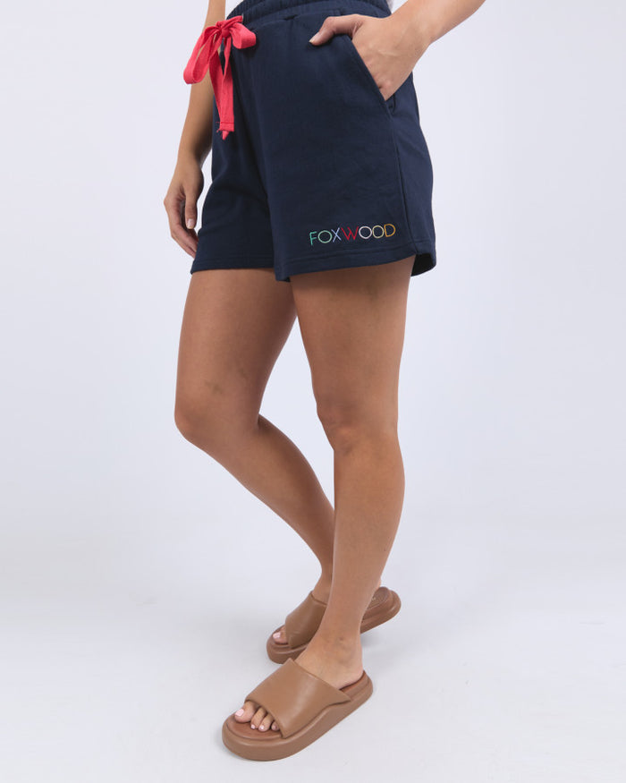 Women's Navy Blue Cotton Shorts with Contrast Pink Drawstring | Gretel Lane