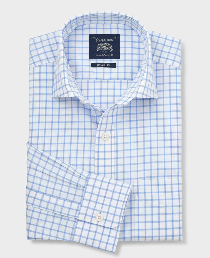 Men's Sky Blue Check Cotton Twill Classic Fit Formal Shirt With Single Cuffs folded shot